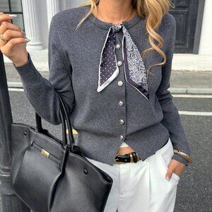 Grey Casual Women's Scarf detailed button down knit Sweater